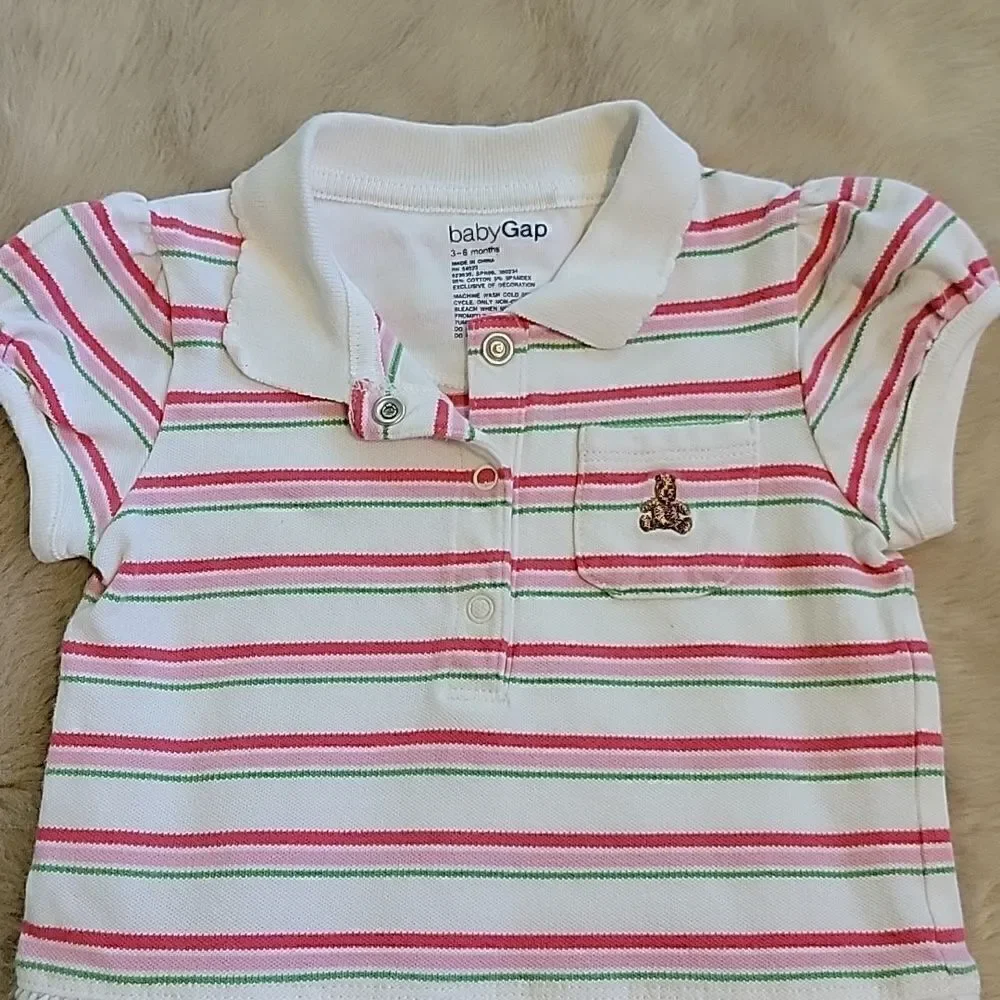 GAP WHITE STRIPED POLO DRESS WITH ATTACHED ONESIE, SIZE 3-6 MONTHS